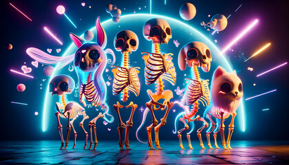 Neon Glow Modern Skeletons Funny Background for Event Aesthetic Decoration. Music Dance Party Banner in an Otherworldly Cosmic Space Fantasy Style.