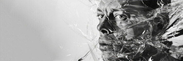 A man in plastic is presented in a tactile style, with humorous distortions, suspended and filled with concealed elements.