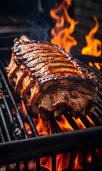 Advertisement picture of Grilled And Smoked BBQ Pork Ribs On Hot Flaming Grid. Pork Ribs On The Hot Charcoal Grill With Bright Flames On Black Background.