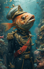 Majestic Underwater Realm: Surreal Artistic Depiction of a Fish-Headed Admiral in a Sunlit Oceanic Wonderland