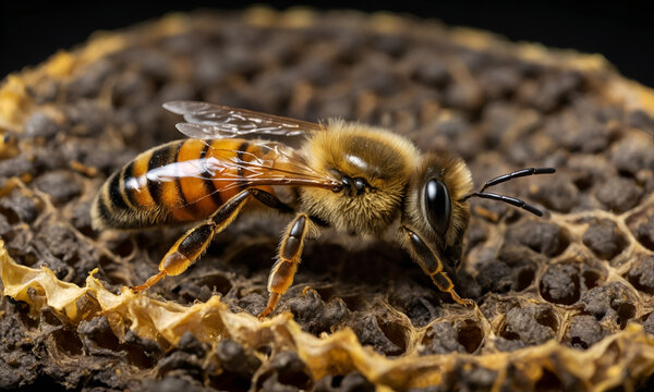 A queen bee cup with royal jelly in the wax comb of the honey bee (Apis mellifera). Hardworking bees on honeycomb in apiary in late summertime. bees inside the hive