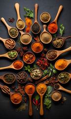Set of Indian spices on wooden table - Top view, Various spices wooden spoons on stone table. Composition with assortment of spices and herbs.