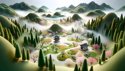 Serene Miniature Zen Garden at Dawn: Lush Green Hills and Cherry Blossoms in a Peaceful Japanese Landscape