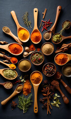 Set of Indian spices on wooden table - Top view, Various spices wooden spoons on stone table. Composition with assortment of spices and herbs.