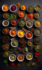 Set of Indian spices Plenty of traditional Asian spices in small bowls - Top view, Various spices on dark stone table. Composition with assortment of spices and herbs.