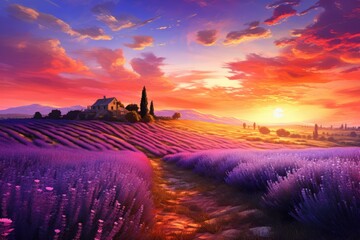 Close photo Beautiful lavender at sunset, Close up lavender flowers in beautiful field at sunset,...