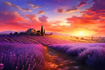 Fotobehang Close photo Beautiful lavender at sunset, Close up lavender flowers in beautiful field at sunset, AI generated © Tanu