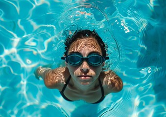 Refreshing Summer Swim: Young Woman with Goggles in Clear Blue Pool