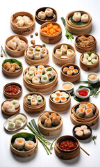 Chinese Streamed Dumpling. Yumcha, dim sum steamer, Chinese cuisine on white background. dim sum in bamboo steamer.