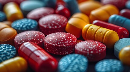A pile of tablets pills are mixed with a variety of colorful drugs to treat flu, antibiotics, prescription medicines, and medical conditions - obrazy, fototapety, plakaty