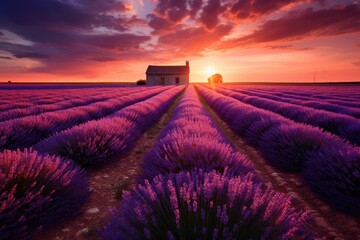 Close photo Beautiful lavender at sunset, Close up lavender flowers in beautiful field at sunset,...