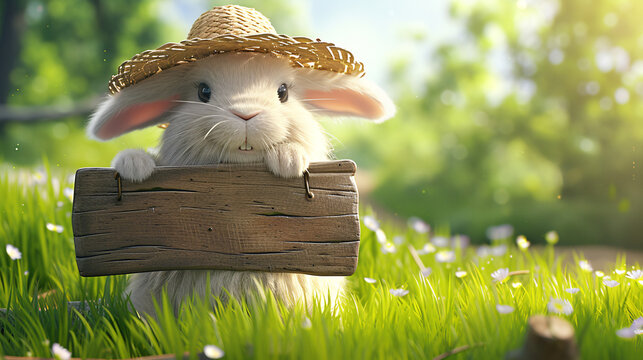 Springtime Delight: Adorable Bunny in Straw Hat Holding a Customizable Wooden Sign Amidst Lush Greenery and Blooming Flowers