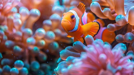 The warm, tropical waters of Guam, USA, are home to pink anemone fish among a patch of blue anemones. - obrazy, fototapety, plakaty