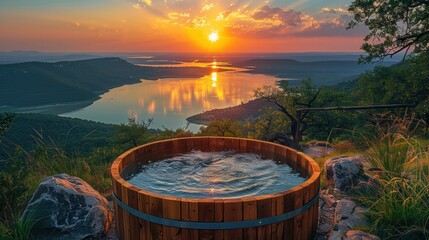 A circular cedar hot tub high on a hilltop overlooks Possum Kingdom Lake at sunset. Realistic photos are Highly detailed - obrazy, fototapety, plakaty
