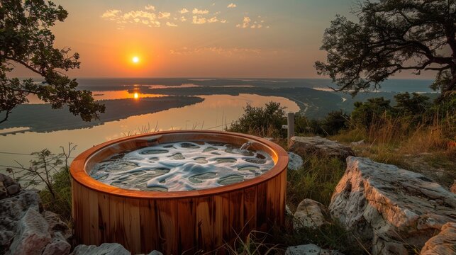 A circular cedar hot tub high on a hilltop overlooks Possum Kingdom Lake at sunset. Realistic photos are Highly detailed