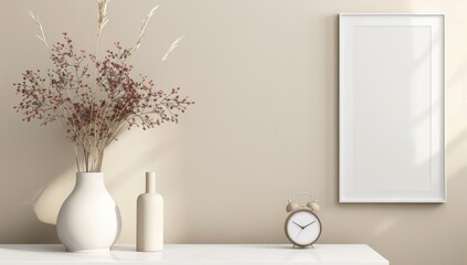 Fototapeta premium Frame mockup, Living room wall poster mockup. Interior mockup with house background. Modern interior design. Mock up poster floral frame in modern interior background