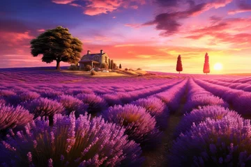 Zelfklevend Fotobehang Beautiful lavender field at sunset, Beautiful lavender field at sunset, Ai generated © Tanu