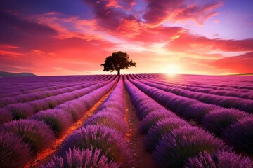 Beautiful lavender field at sunset, Beautiful sunset over lavender field in Provence, Ai generated
