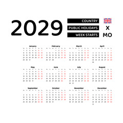 Calendar 2029 English language with United Kingdom public holidays. Week starts from Monday. Graphic design vector illustration.