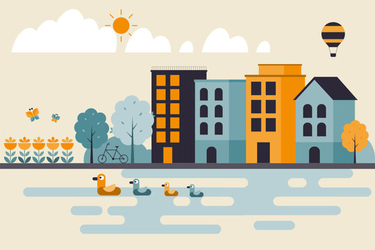 Lifestyle in the city landscape with riverside city community concept. Vector Illustration of geometric flat design with the simple shapes of the urban.