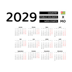 Calendar 2029 French language with Togo public holidays. Week starts from Monday. Graphic design vector illustration.