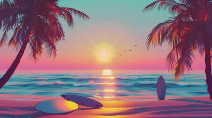 Beach Scene with Palm Trees and Surfboards at Sunset - An animated illustration of a beach with two palm trees surfboards and a sunset in the background perfect for representing a leisurely tropical v - obrazy, fototapety, plakaty
