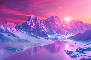 Futuristic Digital Landscape with Pink and Purple Mountain Scenery - A stunning 2D animation illustration in 3D style of a futuristic digital landscape with pink and purple mountain scenery and a purp