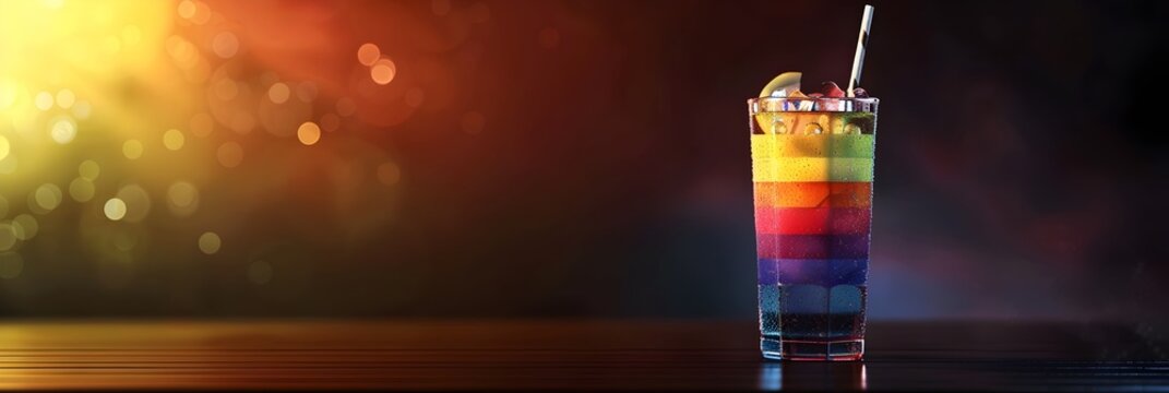 Colorful Rainbow Fruit Cocktail with Flaming Stick - A pink cocktail with a flaming stick featuring a lighted cup and a glass filled with a rainbow gradient of bright and vibrant fruit Perfect for sum