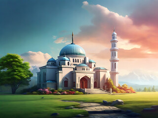 Muslim feast of the holy month of Ramadan. 3D vector. High detailed realistic illustration with floral and mosque
