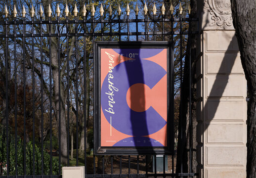 Mockup of vertical customizable sign on railings