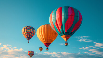 Naklejka premium Aerial Adventure in the Sky: Vibrant Multi-Colored Hot Air Balloons Soaring in the Clear Blue Sky at Sunset