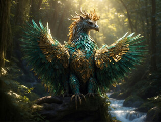 Obraz premium Enchanted Griffin A Majestic Journey Through the Mystical Forest's Depths, Where Beauty and Power