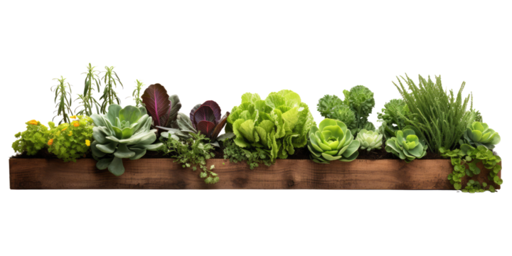 small raised bed garden, simple planted rows of vegetables isolated on transparent background
