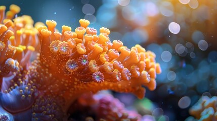 The tiny polyps on the coral Montipora sps in the aquarium were taken at close range - obrazy, fototapety, plakaty