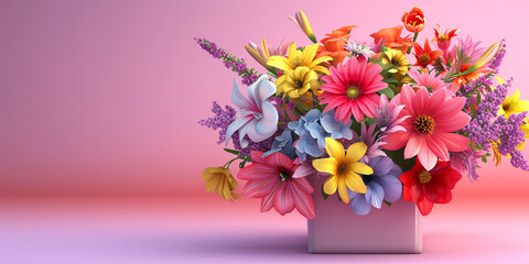 Blossoming Beauty: Vibrant Bouquet of Fresh Spring Flowers in a White Vase Against a Gradient Pink Background
