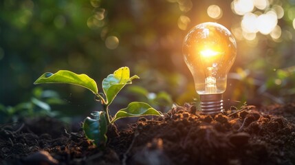 A light bulb sprouting from a plant, illustrating the growth of ideas and innovation - obrazy, fototapety, plakaty
