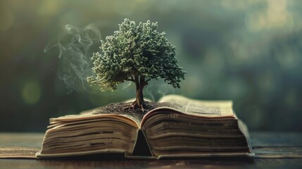 A tree growing from a book, symbolizing the growth of knowledge and wisdom - obrazy, fototapety, plakaty