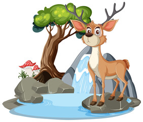 A happy deer standing near a small waterfall
