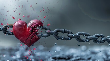 A chain breaking apart under the weight of a heart, symbolizing the release of emotional burdens - obrazy, fototapety, plakaty