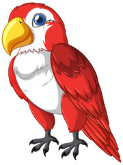 Vibrant red and white cartoon parrot standing.