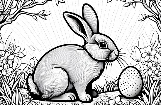 Coloring book for children: Easter bunny and eggs. Easter coloring page