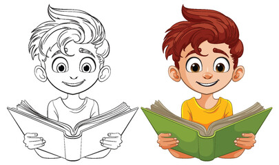 Cheerful child reading, immersed in a story