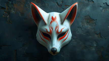 Japanese Kitsune fox mask isolated on dark background. copy space. generative ai