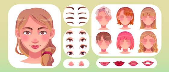 Woman face construction kit with various forms of eyes and brows, nose and lips, haircut for animation. Cartoon vector illustration set of girl head generator. Creation of female character avatar.