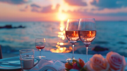 Romantic sunset dinner on the beach. Honeymoon table set for two with luxury dining Enjoy a glass of rose wine in a restaurant with a sea view. Happy Valentine's Day. - obrazy, fototapety, plakaty