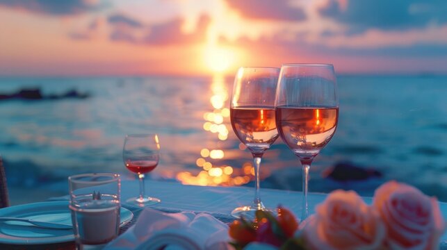 Romantic sunset dinner on the beach. Honeymoon table set for two with luxury dining Enjoy a glass of rose wine in a restaurant with a sea view. Happy Valentine's Day.