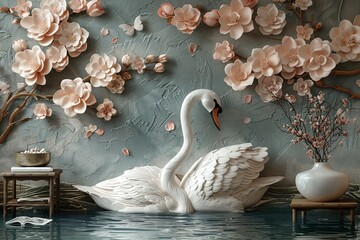 3D murals flower wallpaper and swan abstract background for interior - obrazy, fototapety, plakaty