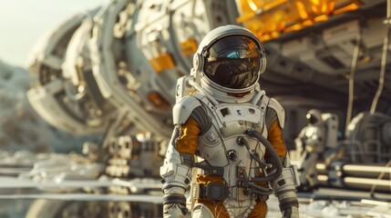 The spacecraft is refueled at the refueling station. Astronaut at the spaceship refueling station The concept of astronaut-traveler This animation is suitable for space and sci-fi backgrounds. - obrazy, fototapety, plakaty