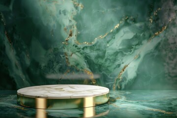 marble Podium stand studio room green gold color background 3d pedestal platform background....