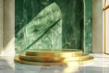 marble Podium stand studio room green gold color background 3d pedestal platform background....